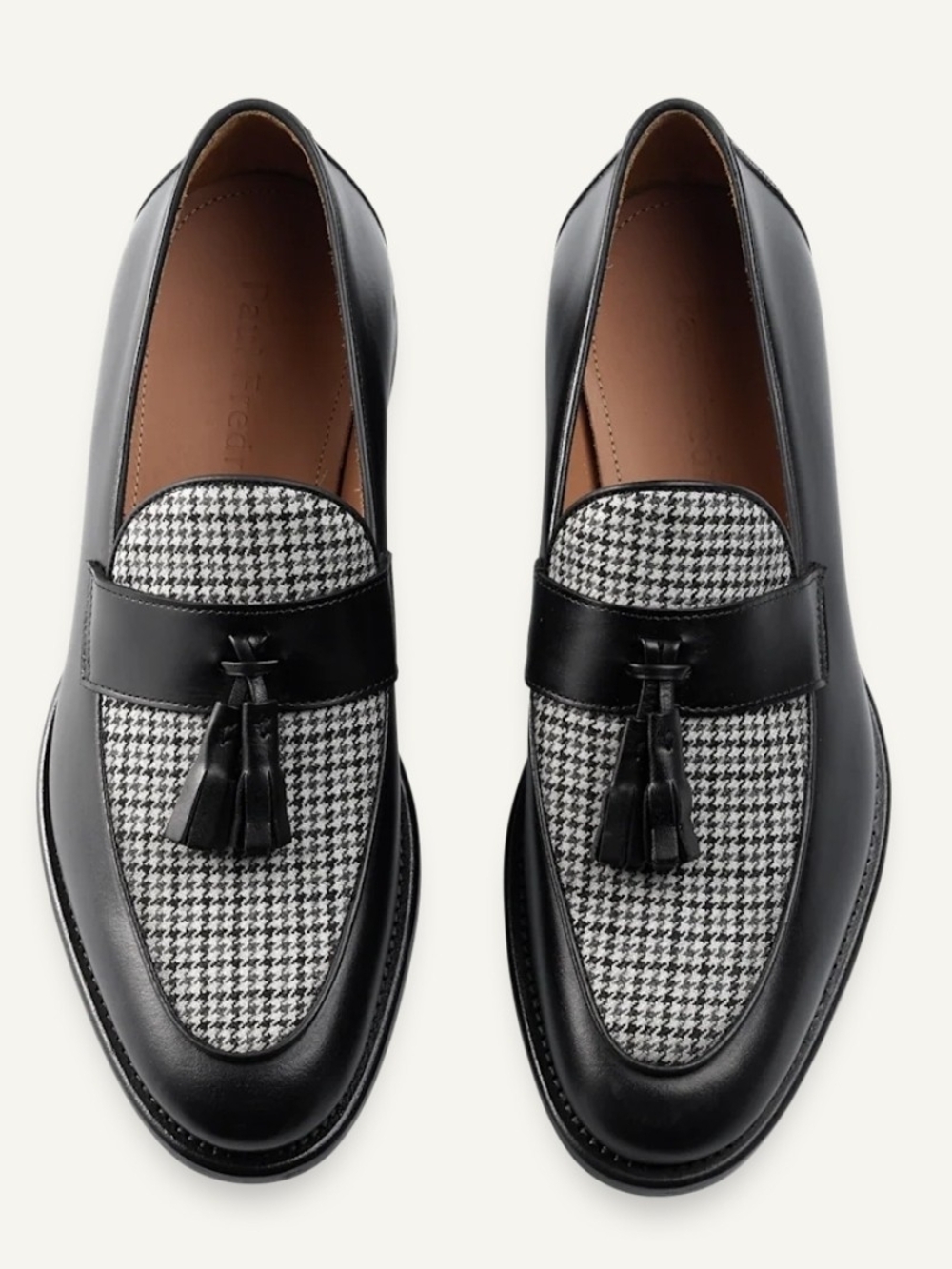 Paul Fredrick Black Leather Tassel Loafers with Houndstooth Panel Size 10.5